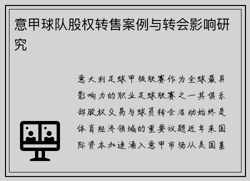 意甲球队股权转售案例与转会影响研究